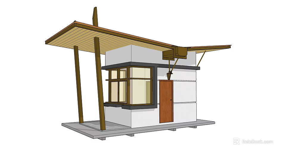 Small Modern Structure With Wooden Roof White Walls Brown Door And Window 3d model 