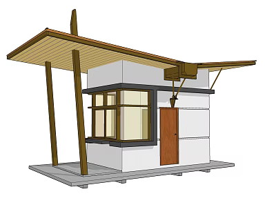 Small Modern Structure With Wooden Roof White Walls Brown Door And Window 3d model