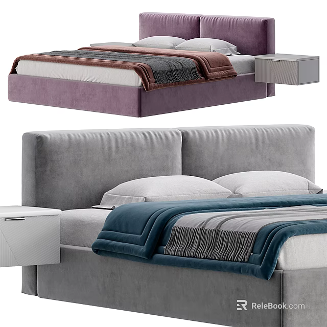 Modern Double Bed With Purple Gray Headboard Blue Brown Striped Bedding And White Nightstand 3d model 