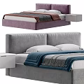 Modern Double Bed With Purple Gray Headboard Blue Brown Striped Bedding And White Nightstand