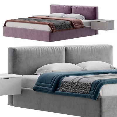 Modern Double Bed With Purple Gray Headboard Blue Brown Striped Bedding And White Nightstand 3d model