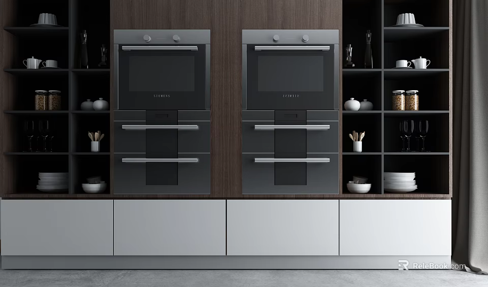 Sleek Modern Kitchen With Dark And White Cabinets Double Ovens Open Shelves 3d model 