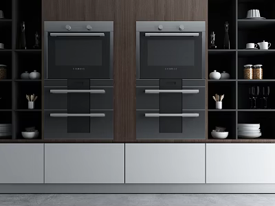 Sleek Modern Kitchen With Dark And White Cabinets Double Ovens Open Shelves 3d model