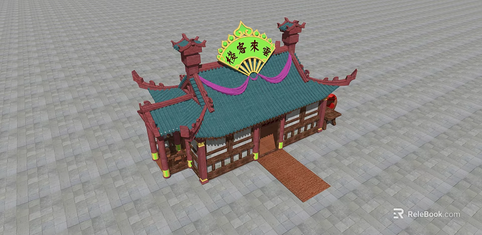 Ancient Chinese Architecture With Green Tiled Roof Overhanging Eaves And Red Pillars 3d model 