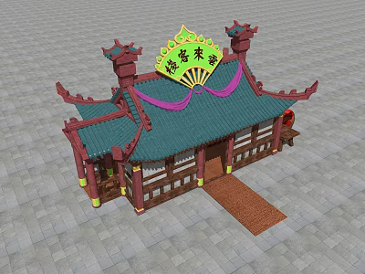 Ancient Chinese Architecture With Green Tiled Roof Overhanging Eaves And Red Pillars 3d model