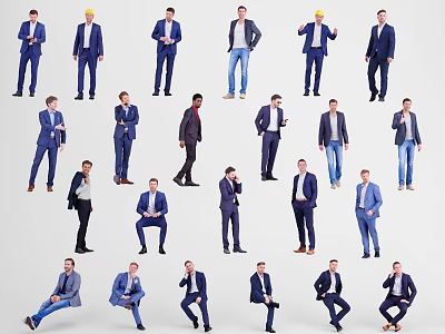 Group of Men in Various Suits with Different Standing and Sitting Poses 3d model
