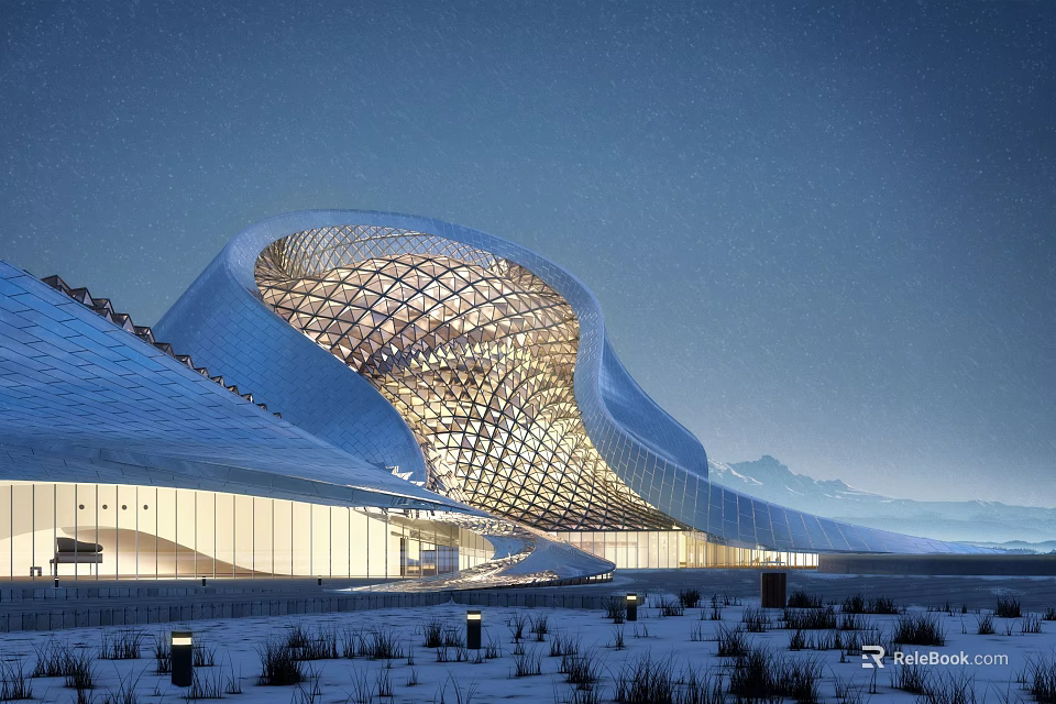 Modern Curved Cultural Center Building Featuring Latticed Structure And Night Lighting 3d model 