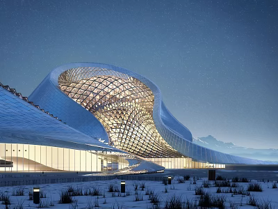 Modern Curved Cultural Center Building Featuring Latticed Structure And Night Lighting 3d model