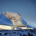 Modern Curved Cultural Center Building Featuring Latticed Structure And Night Lighting