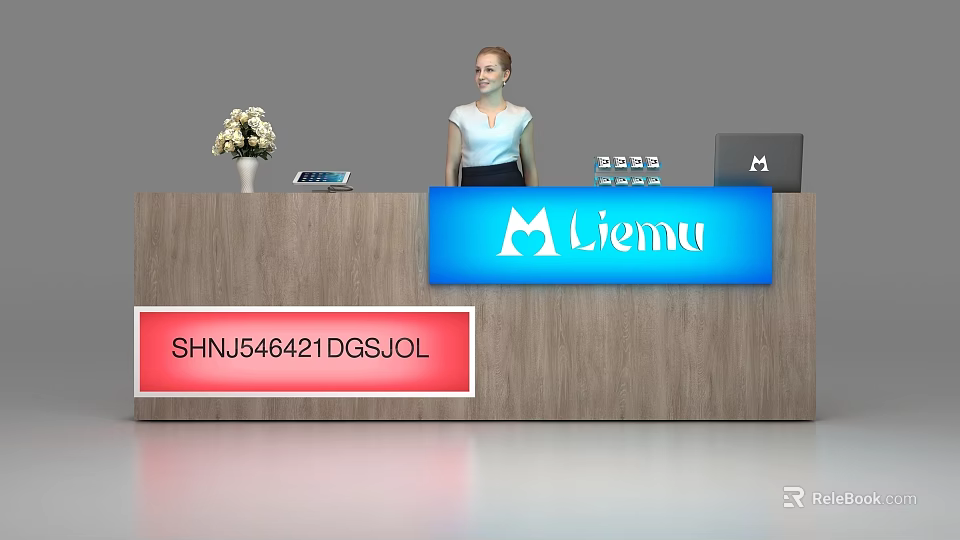 Wooden Reception Desk With Blue Liemu Sign Red SHNJ546421DGSJOL Sign Flower Vase Calculator And Laptop 3d model 