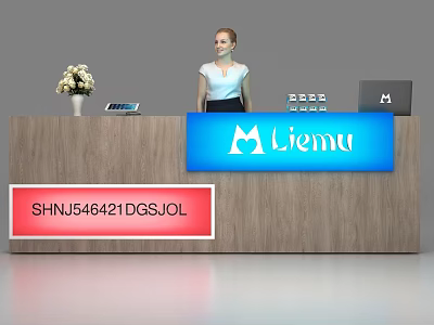 Wooden Reception Desk With Blue Liemu Sign Red SHNJ546421DGSJOL Sign Flower Vase Calculator And Laptop 3d model