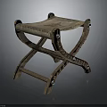 Vintage Wooden Stool With Crossed Legs Frame Leather Seat And Decorative Studs