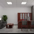 Modern Office Interior With Gray Sofa Coffee Table Green Plant Wooden Desk Chairs And Computer
