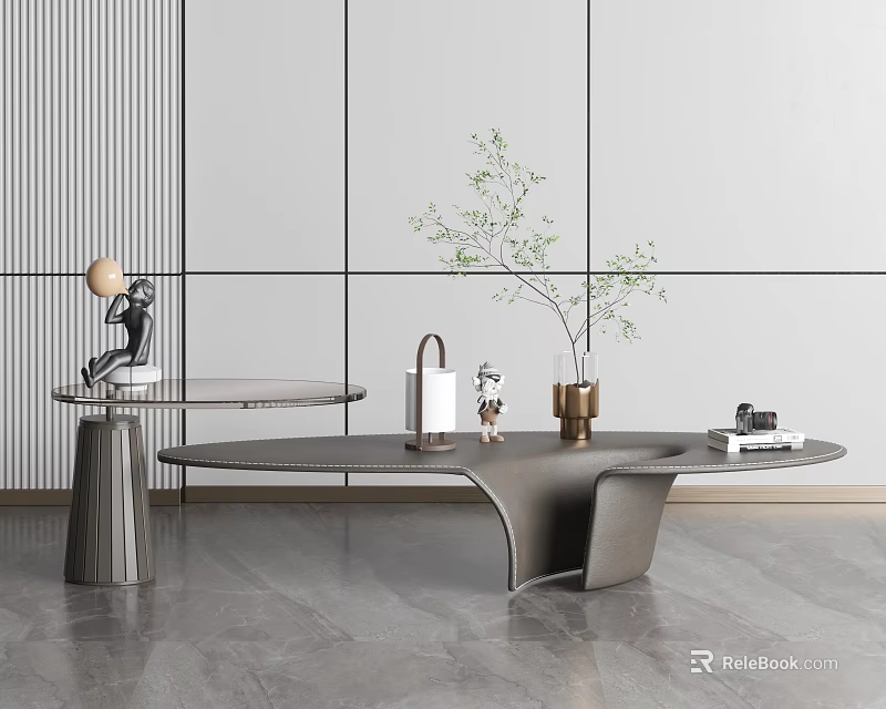 Modern Sleek Coffee Table with Curved Design Decorative Plants and Side Accent Table 3d model