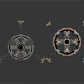 Intricate Dual Metallic Circular Mechanical Components With Spokes And Ornate Edges