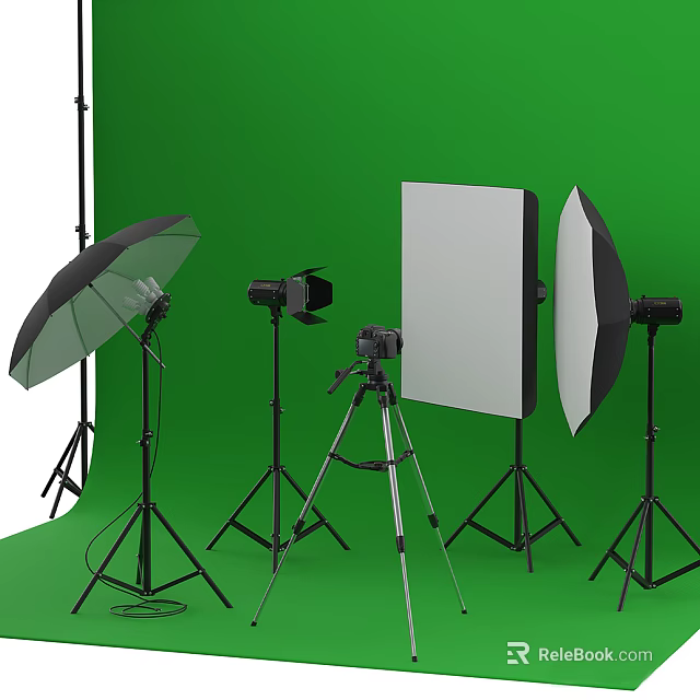 Professional Commercial Photography Equipment Setup With Camera Lights Softbox Umbrellas Reflectors And Tripod 3d model 