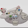Modern White Sofa And Coffee Table Set With Bouquets Gift Boxes And Round Rug