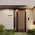 Modern House Entrance Design With White Walls Wooden Door Greenery Steps And Trees