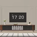Wooden TV Stand With Drawers Glass Doors And TV On Decorative Wall