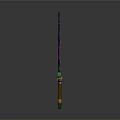 Fantasy Sword Weapon Design Featuring Purple Blue Star Pattern Green Accents And Wooden Handle