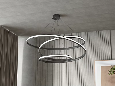Modern Circular Rings LED Chandelier Hanging In Contemporary Interior With Wooden Wall Ceiling 3d model