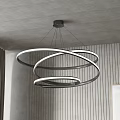 Modern Circular Rings LED Chandelier Hanging In Contemporary Interior With Wooden Wall Ceiling