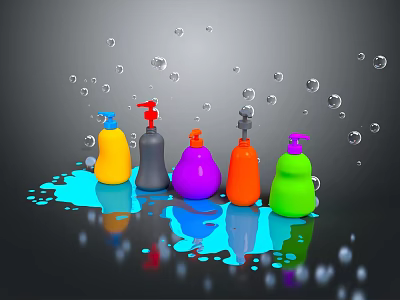 Colorful Plastic Bottles With Liquid Splash And Bubbles On Dark Background 3d model