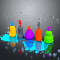 Colorful Plastic Bottles With Liquid Splash And Bubbles On Dark Background