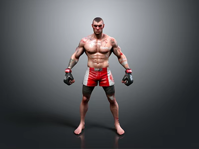 Muscular Shirtless Man With Tattoos In Black Boxing Gloves Red White Shorts Against Gray Background 3d model