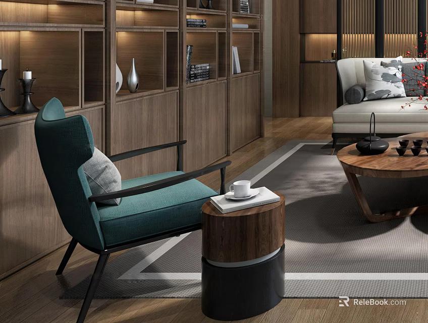 Modern Dark Green Single Sofa in Cozy Living Room with Side Table and Wooden Bookshelf 3d model 
