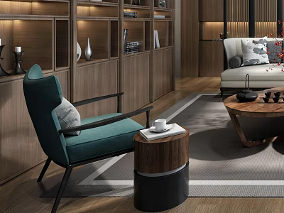 Modern Dark Green Single Sofa in Cozy Living Room with Side Table and Wooden Bookshelf 3d model