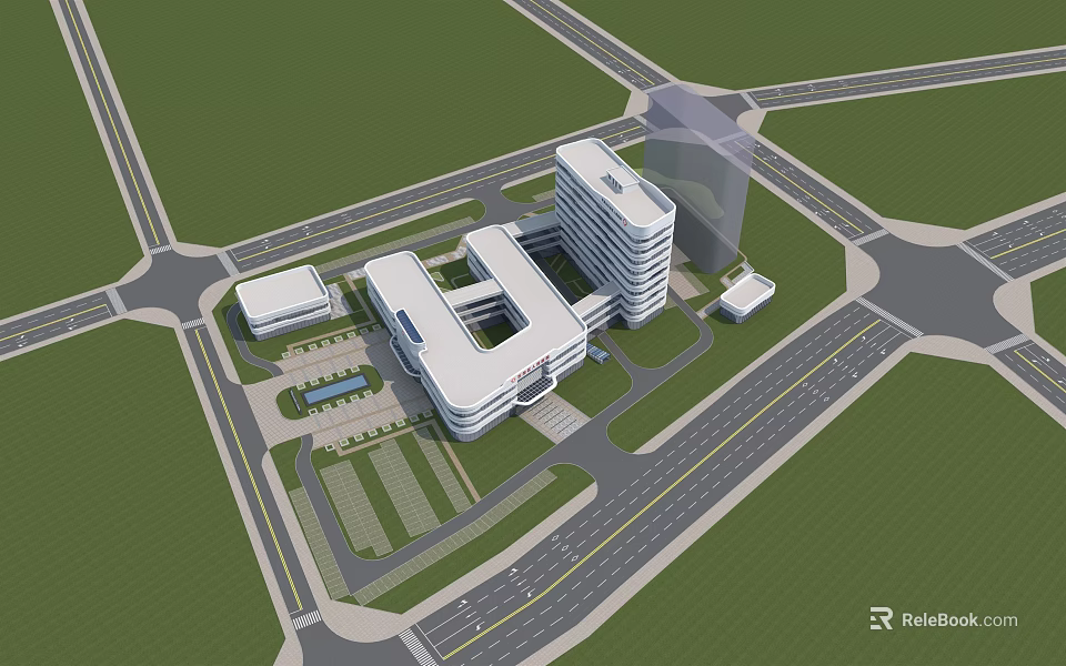 Modern Hospital Building Complex With Surrounding Roads And Green Spaces 3d model 