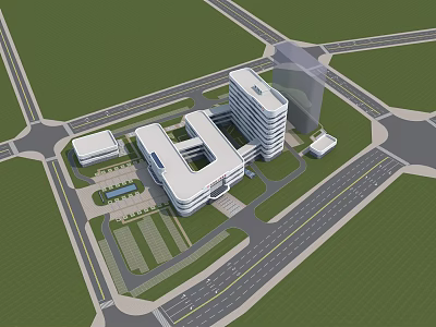 Modern Hospital Building Complex With Surrounding Roads And Green Spaces 3d model