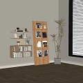 Modern Wooden Bookcase With Layered Shelves Books Decorations And Potted Plant By Window