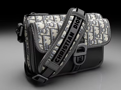 Christian Dior Monogram Crossbody Bag with Black Strap Leather Trim and Metal Buckle 3d model