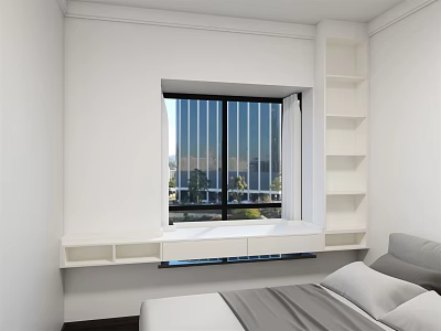 Modern Bedroom With White Walls Window Storage Cabinet Bed And Built In Shelves 3d model