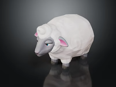 Low Poly Character Creature Sheep With White Wool Pink Ears Dark Background And Reflection Design 3d model