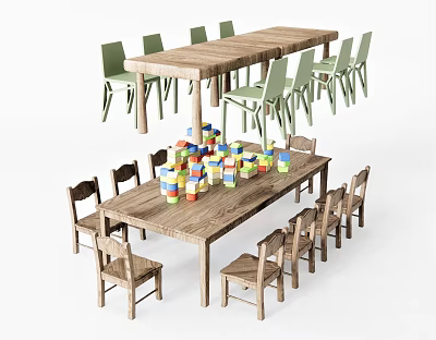Kids Long Wooden Table With Green Brown Chairs And Colorful Building Blocks 3d model
