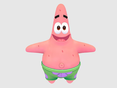 Cartoon Starfish Character With Pink Body Big Eyes Black Eyebrows Green Shorts And Open Arms 3d model