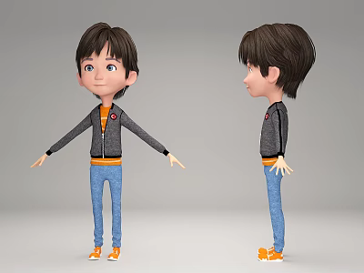 3D Boy Character Model Front Side View With Gray Jacket Orange T Shirt Blue Jeans 3d model