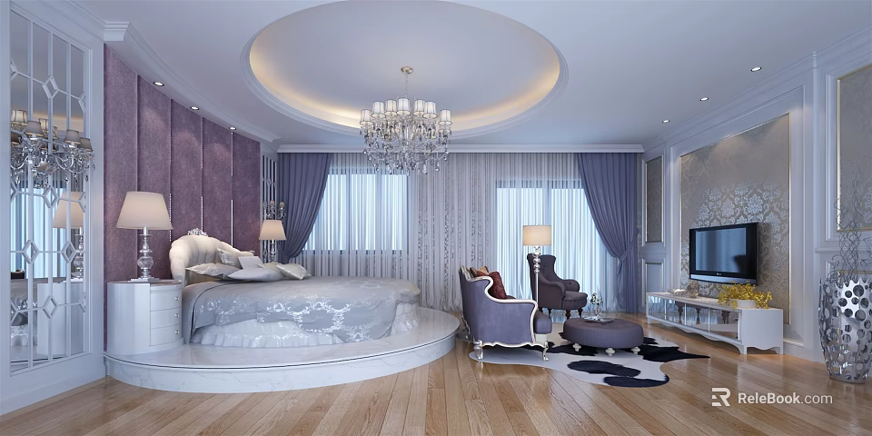 Elegant Hotel Guest Room Featuring Round Bed Purple Padded Wall Chandelier and Large Windows 3d model 