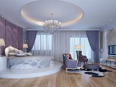 Elegant Hotel Guest Room Featuring Round Bed Purple Padded Wall Chandelier and Large Windows 3d model