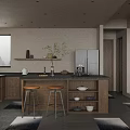 Modern Open Dining Kitchen With Island Counter Bar Stools Cabinets And Refrigerator