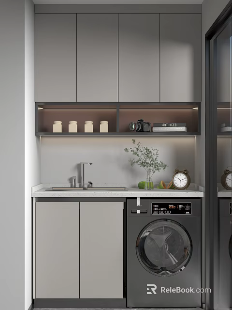 Modern Bathroom Vanity With Gray Cabinets Countertop Faucet And Decorative Items 3d model 