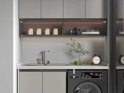 Modern Bathroom Vanity With Gray Cabinets Countertop Faucet And Decorative Items 3d model