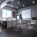 Modern Public Office Space With Desks Chairs Sofa Potted Plant Framed Pictures And Windows