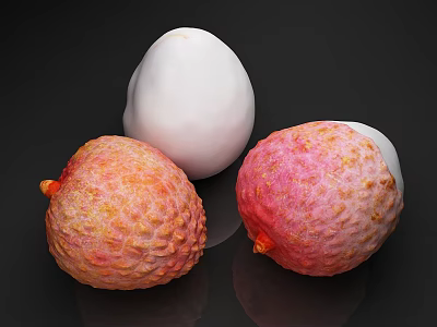 Fresh Ripe Lychees And White Egg With Textured Skin On Black Background 3d model