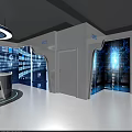 Modern Data Center Interior Featuring White Walls Blue Tech Graphics And Equipment Racks 3d model