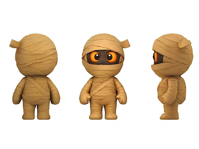 Bandage Wrapped Cute Mummy Doll With Big Orange Eyes Three Views Front Side Back 3d model