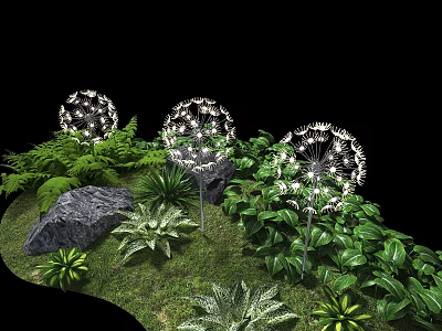 Outdoor Lights Dandelion Shaped Garden Decor Lamps With Green Plants Grass And Rocks 3d model